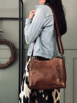 Arbejdstaske med nitter - Vintage cognac