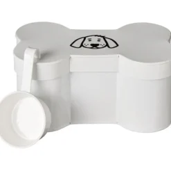 Dåse formet som kødben m/hundemotiv og målebæger