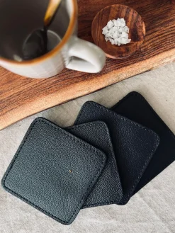 Glasbrik / Coaster - 4 stk Sort bøffellæder