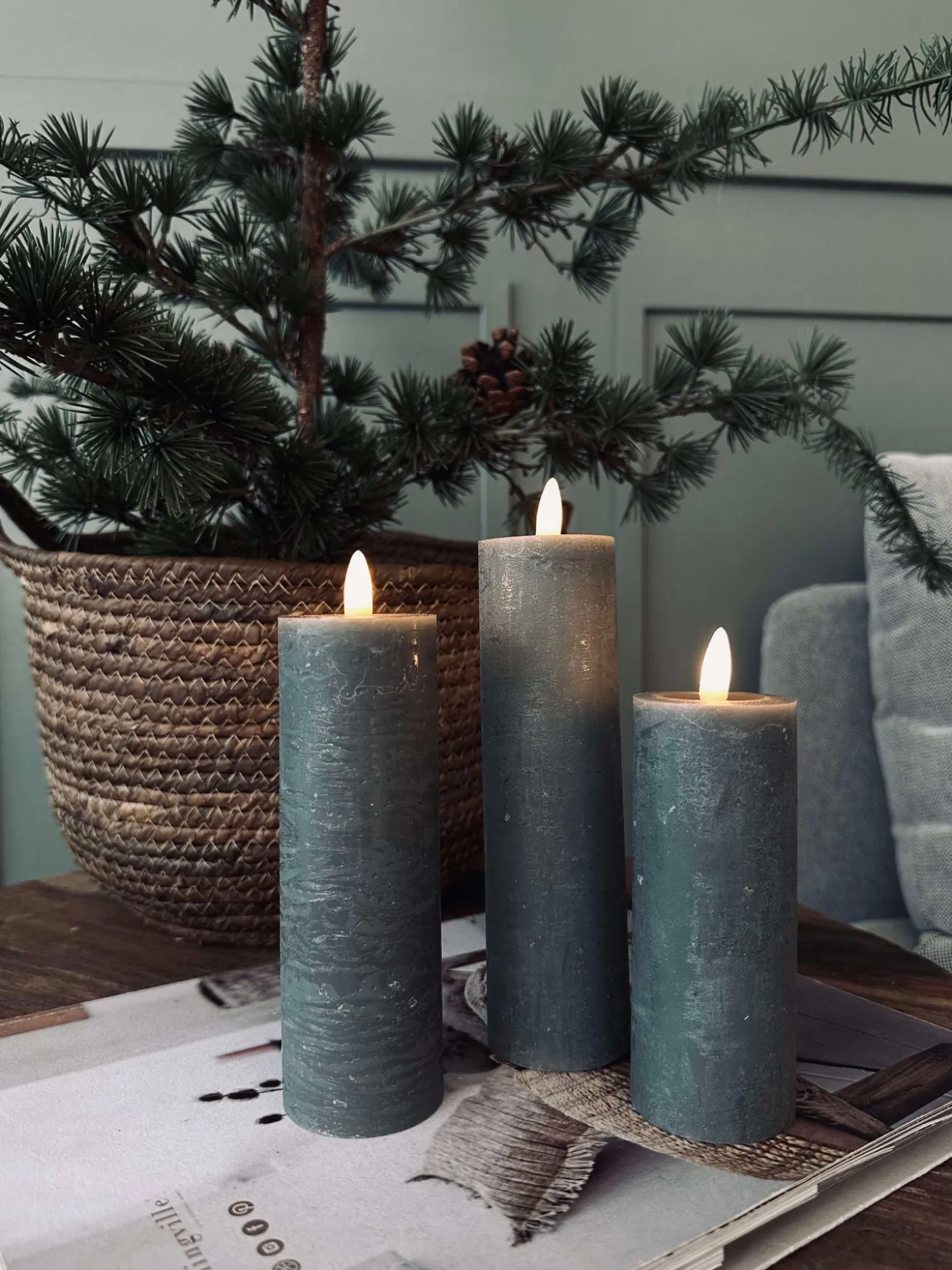 LED Bloklys / Grøn – 3 stk Rustik dia 5 cm