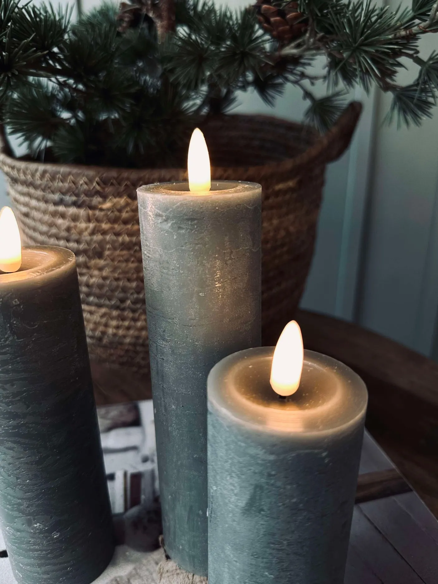 LED Bloklys / Grøn – 3 stk Rustik dia 5 cm