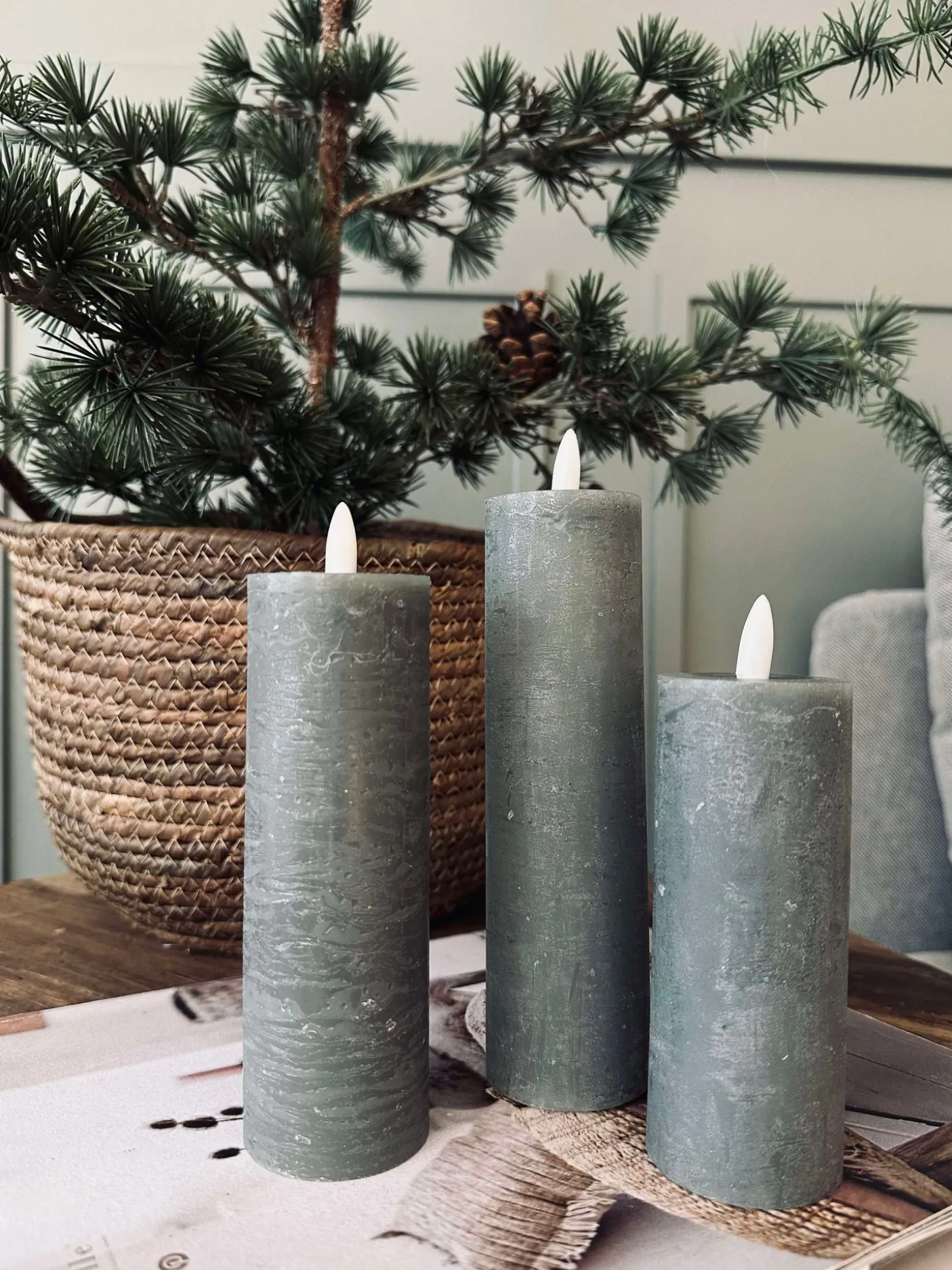 LED Bloklys / Grøn – 3 stk Rustik dia 5 cm