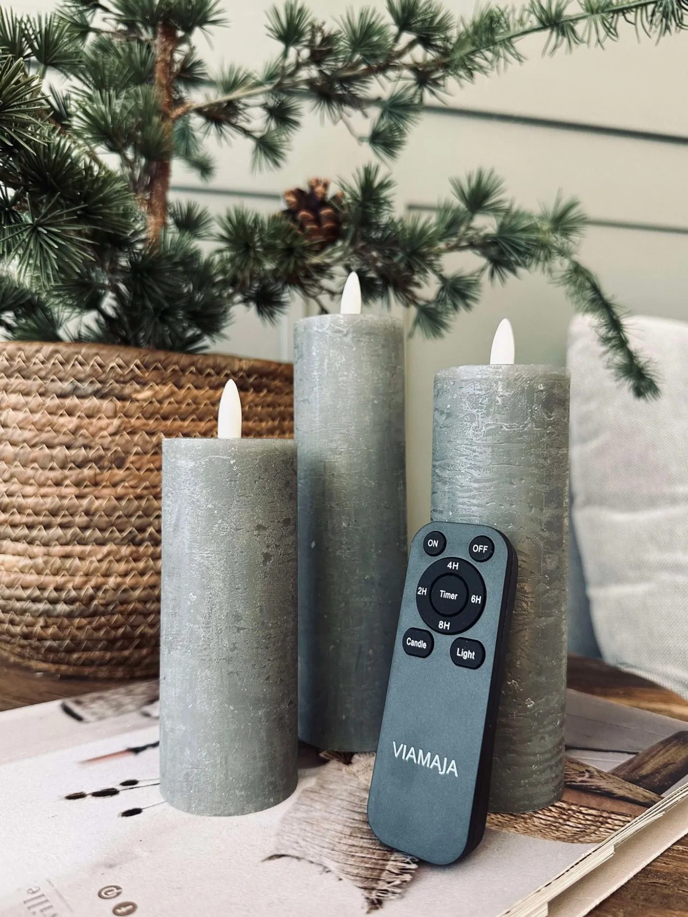 LED Bloklys / Grøn – 3 stk Rustik dia 5 cm