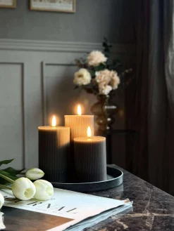 LED Bloklys Grå med riller - Sæt med 3 stk