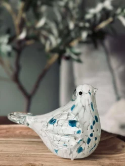 LED Fugl i mundblæst glas - Hvid