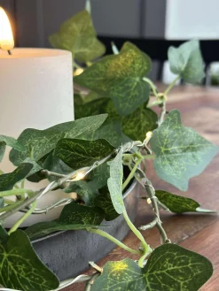 Lyskæde med grønne efeublade - 290cm