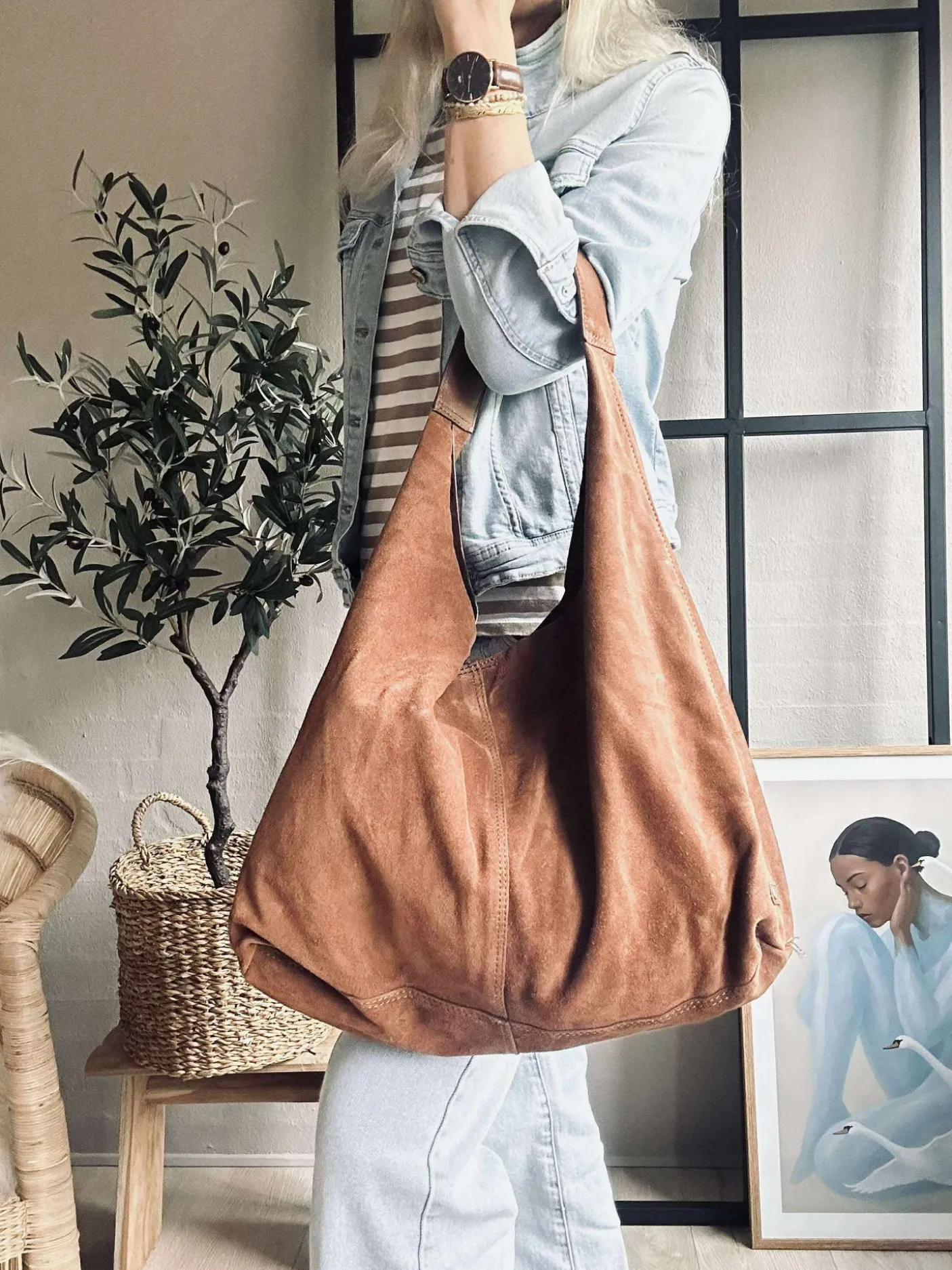 Shopper i blødt ruskind - Cognac