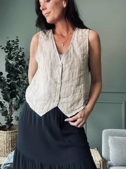 Vest beige strib - Hør